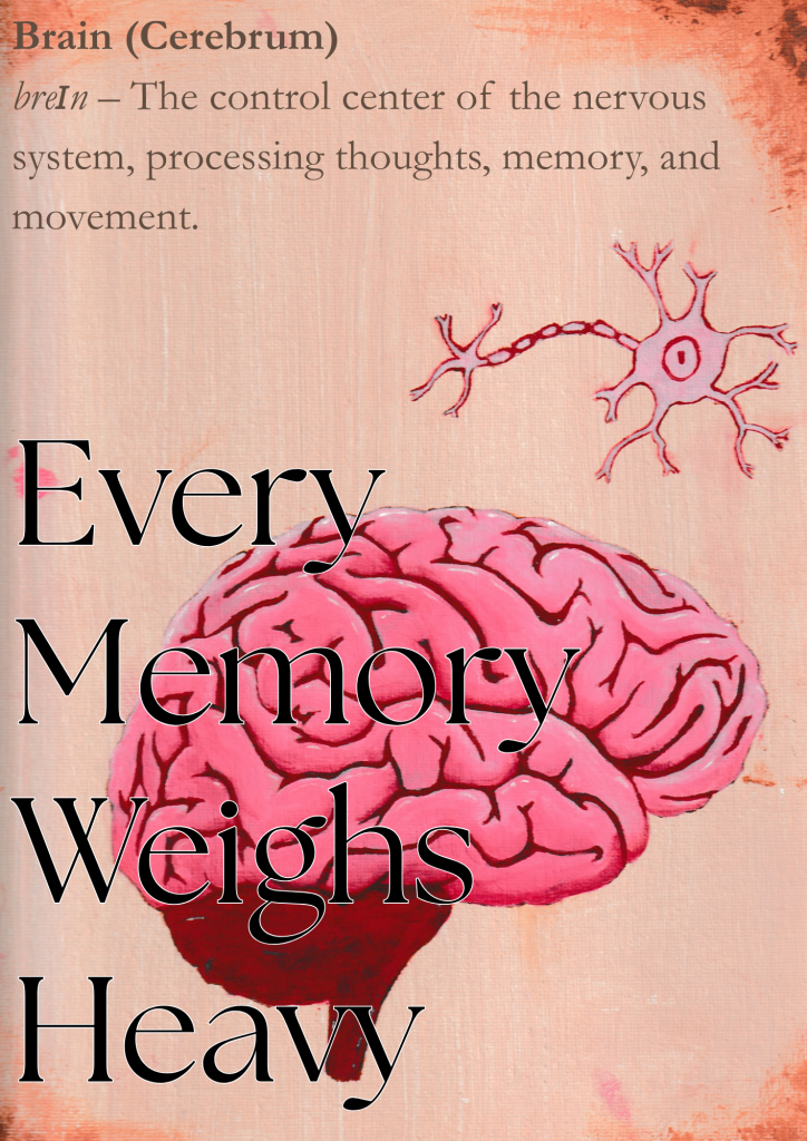 Ein Kunstwerk von einem Gehirn mit einer Definition im Hintergrund. Im Vordergrund steht "Every memory weighs heavy"