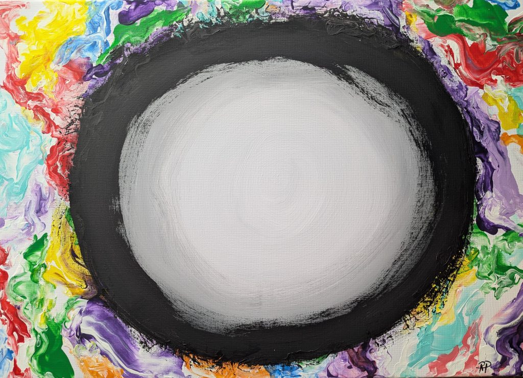 Ein abstraktes Bild, außen sind viele bunte Farben und in der Mitte nur Leere, getrennt von einem dicken schwarzen Kreis.