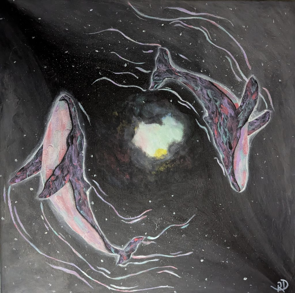 Ein Kunstwerk von zwei Walen die einen kreis bilden. In einer dunklen Umgebung mit hellem Licht im Hintergrund