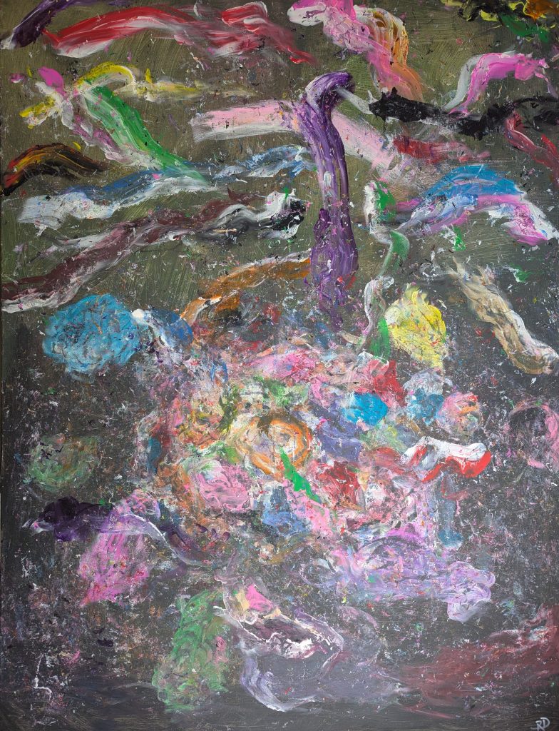 ein großes abstraktes Bild mit vielen Farben und wilden Formen
