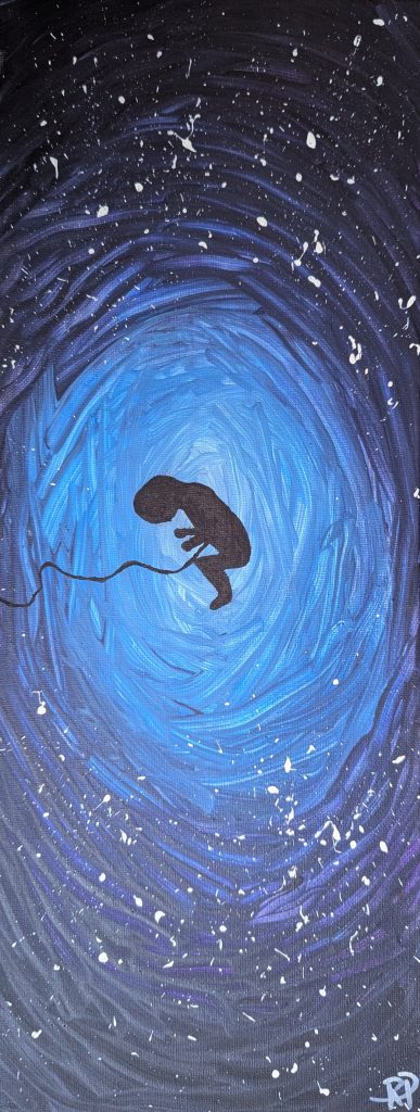 Ein Gemälde eines Fötus das in einer blauen Umgebung schwebt.