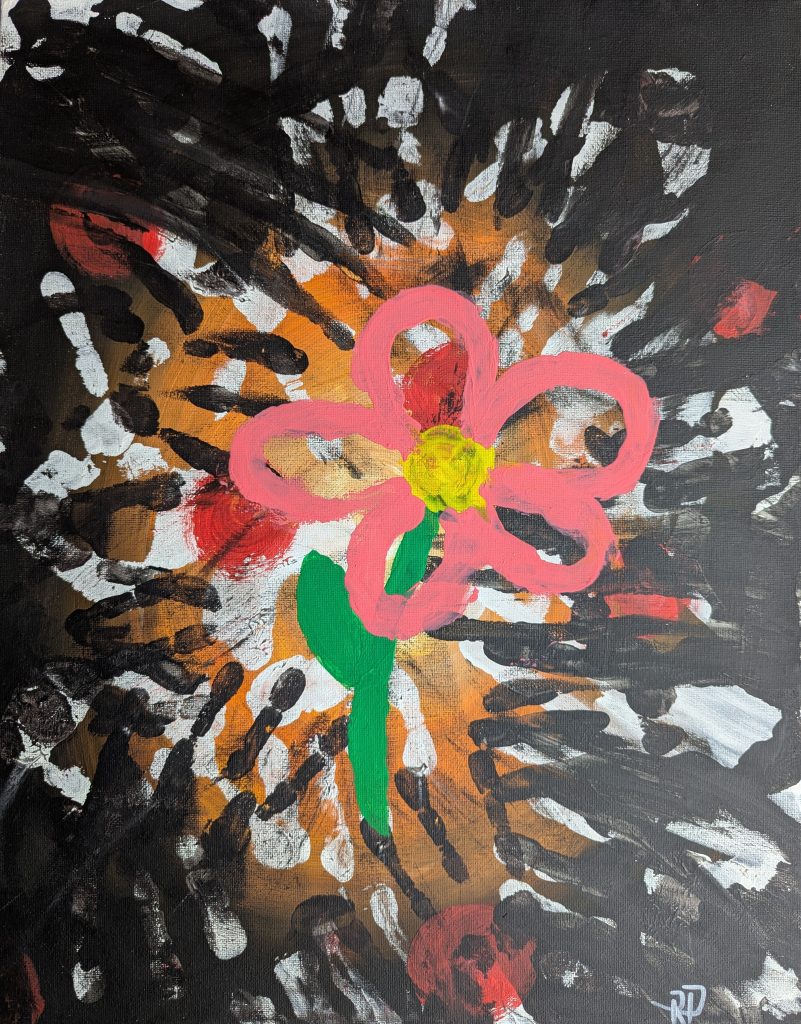 Eine simpel gemalte Blume umringt von dunkelen Handabdrücken.