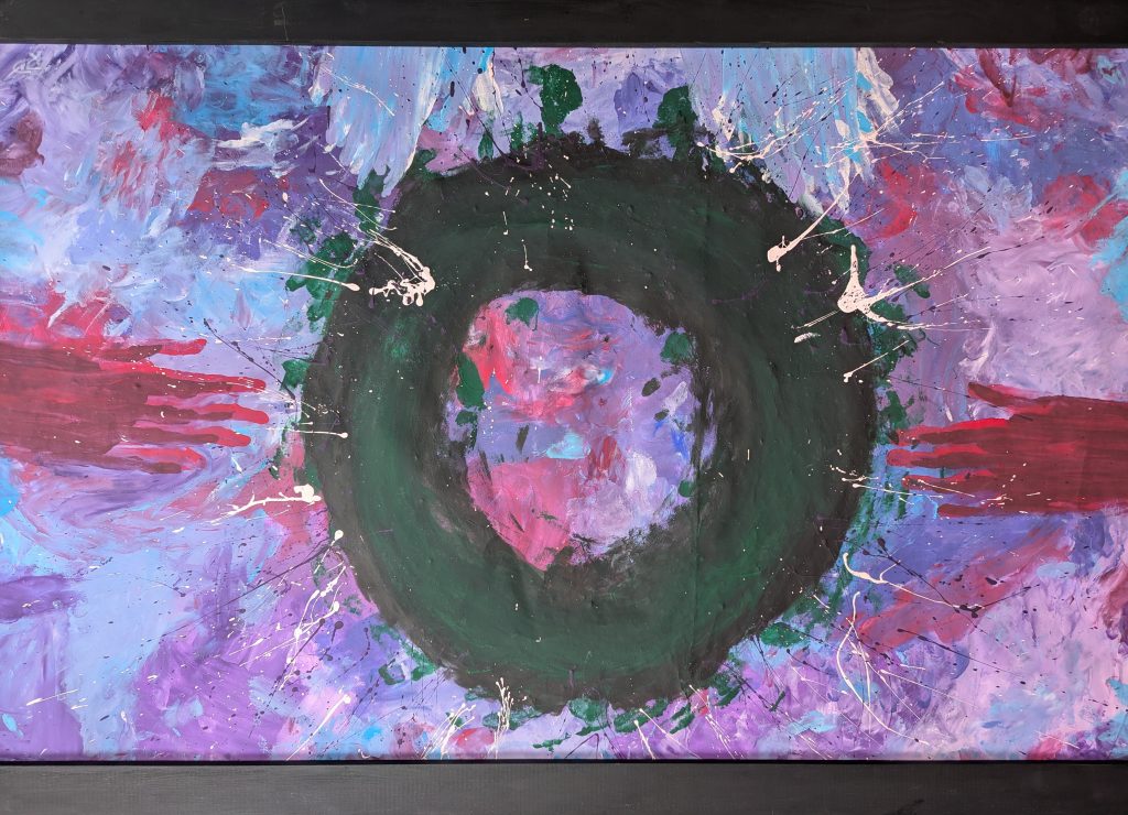 Ein abstraktes Bild in blau und violet Tönen. In der Mitte ist ein dunkel grüner Kreis.