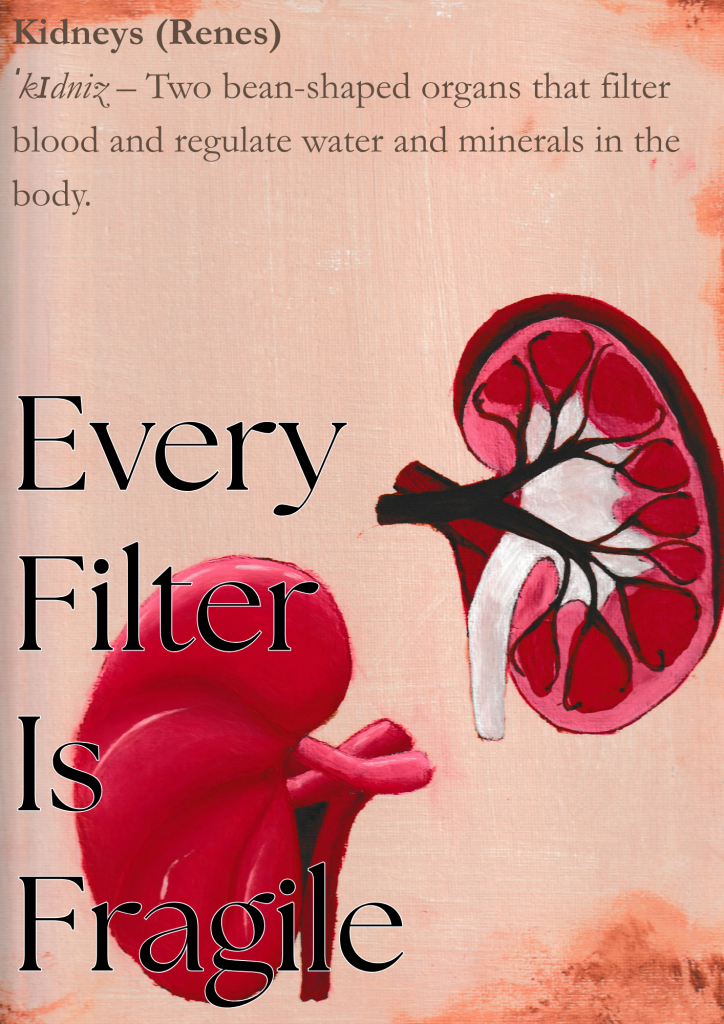 Ein Kunstwerk von Nieren mit einer Definition im Hintergrund. Im Vordergrund steht "Every filter is fragile"